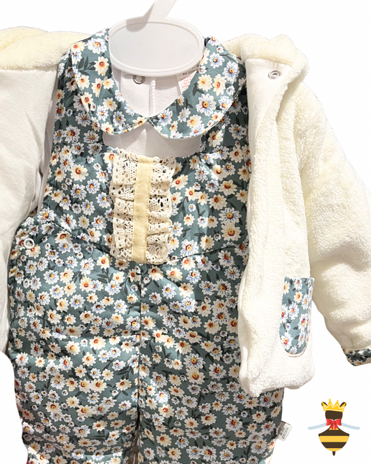 3 Piece Quilted Daisy Dungarees Set