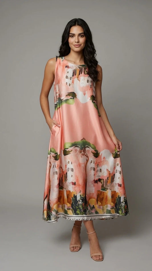 Peach Mediterranean Print Satin Style Maxi