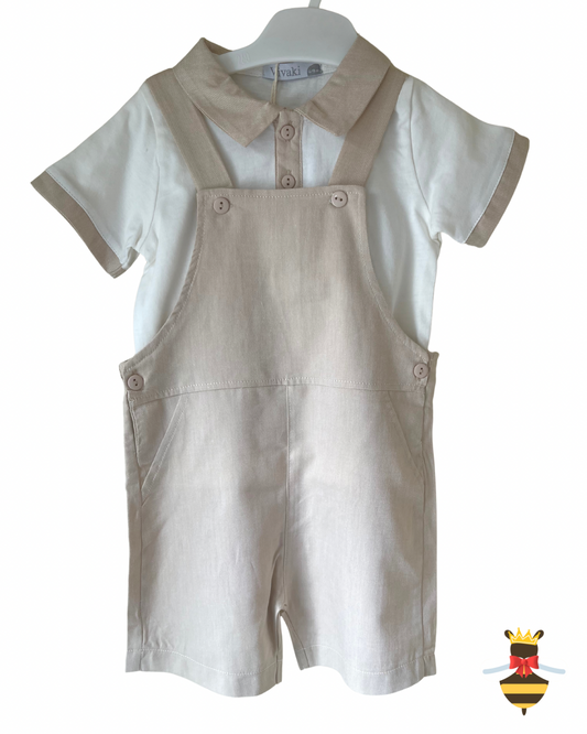 Boys Beige & White Dungarees Set